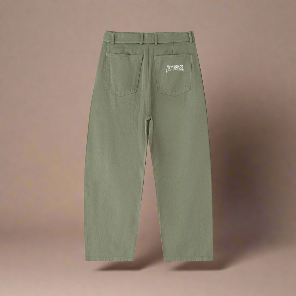 Twisted-Seam Belted Curved-Blade Pants