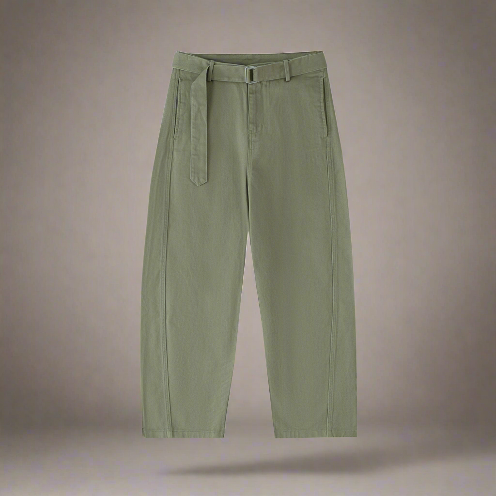 Twisted-Seam Belted Curved-Blade Pants