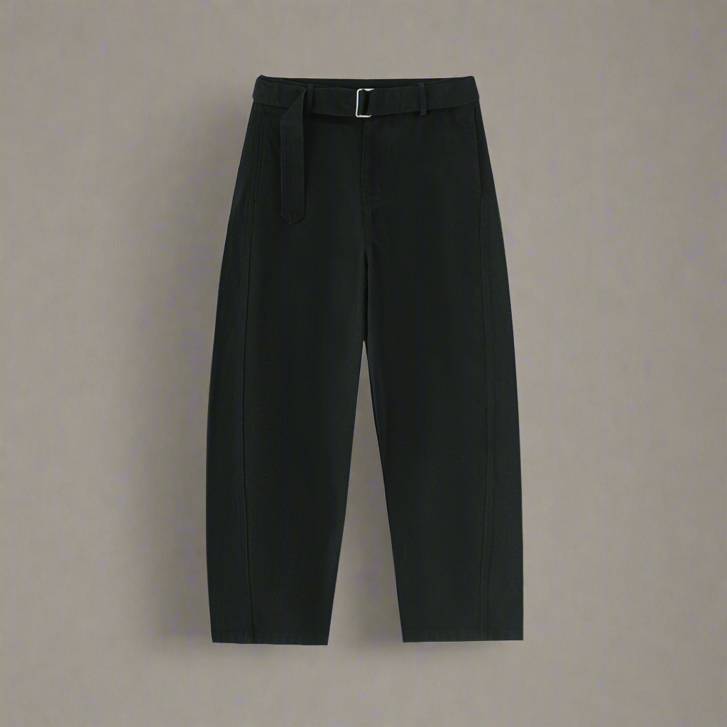 Twisted-Seam Belted Curved-Blade Pants