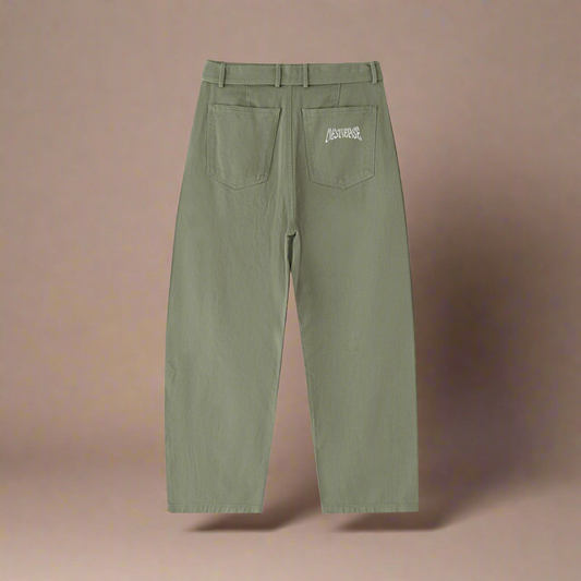 Twisted-Seam Belted Curved-Blade Pants